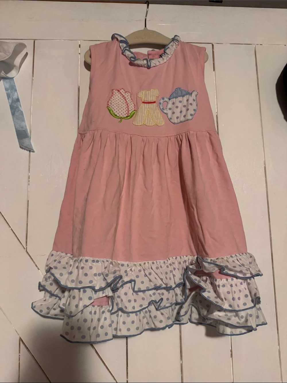 Sleeveless Pink Ruffle Hem Kids Dress with Tea Party Appliqués